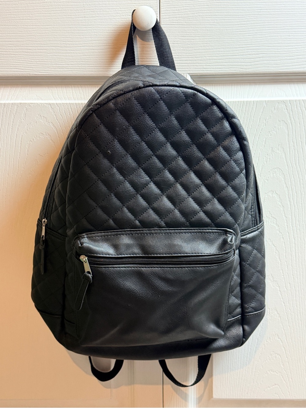 Quilted Black Backpack - Classic Everyday Bag - Large Capacity with Front Pocket
